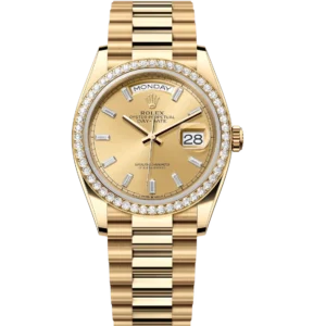 Rolex Day-Date 36 Oyster Perpetual 18 ct yellow gold champagne colour, diamond-set dial diamond-set bezel President band Reference 128348RBR