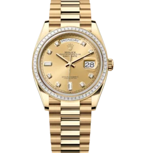 Rolex Day-Date 36 Oyster Perpetual 18 ct yellow gold champagne-colour, diamond-set dial diamond-set bezel President band Reference 128398TBR