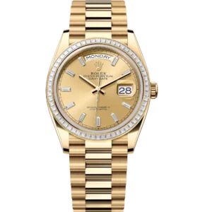 Rolex Day-Date 36 Oyster Perpetual 18 ct yellow gold champagne colour, diamond-set dial diamond-set bezel President band Reference 128398TBR