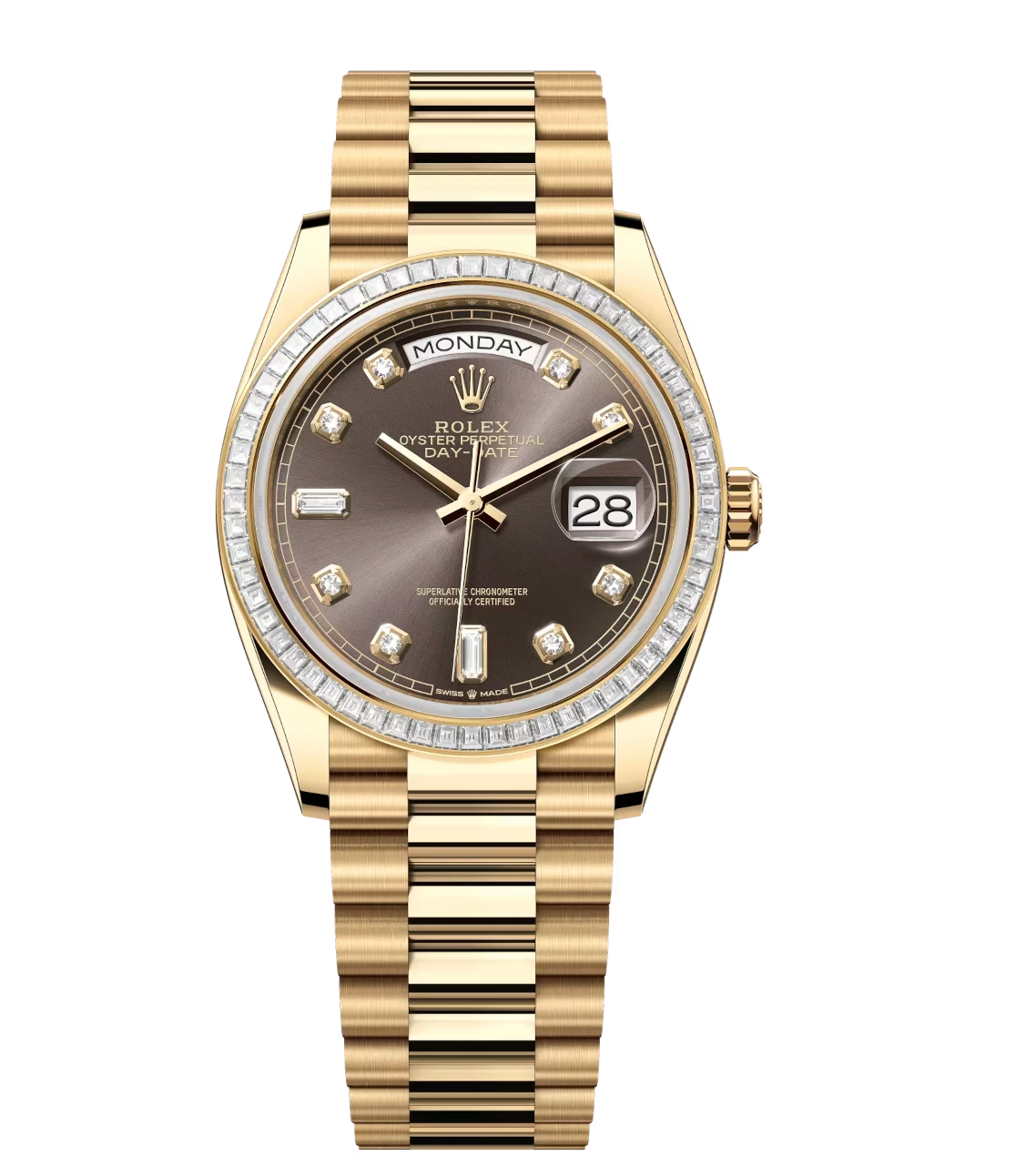 Rolex Day-Date 36 Oyster Perpetual 18 ct yellow gold dark grey, diamond-set dial diamond-set bezel President band Reference 128398TBR 1 Rolex Day-Date 36 Oyster Perpetual 18 ct yellow gold dark grey, diamond-set dial diamond-set bezel President band Reference 128398TBR