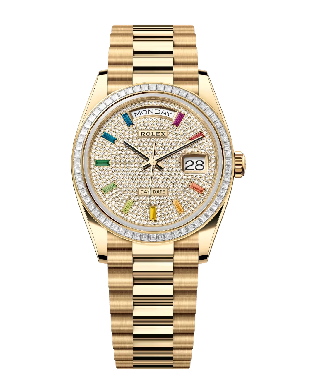 Rolex Day-Date 36 Oyster Perpetual 18 ct yellow gold diamond-paved dial diamond-set bezel President band Reference 128398TBR 1 Rolex Day-Date 36 Oyster Perpetual 18 ct yellow gold diamond-paved dial diamond-set bezel President band Reference 128398TBR