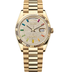 Rolex Day-Date 36 Oyster Perpetual 18 ct yellow gold diamond-paved dial fluted bezel President band Reference 128238