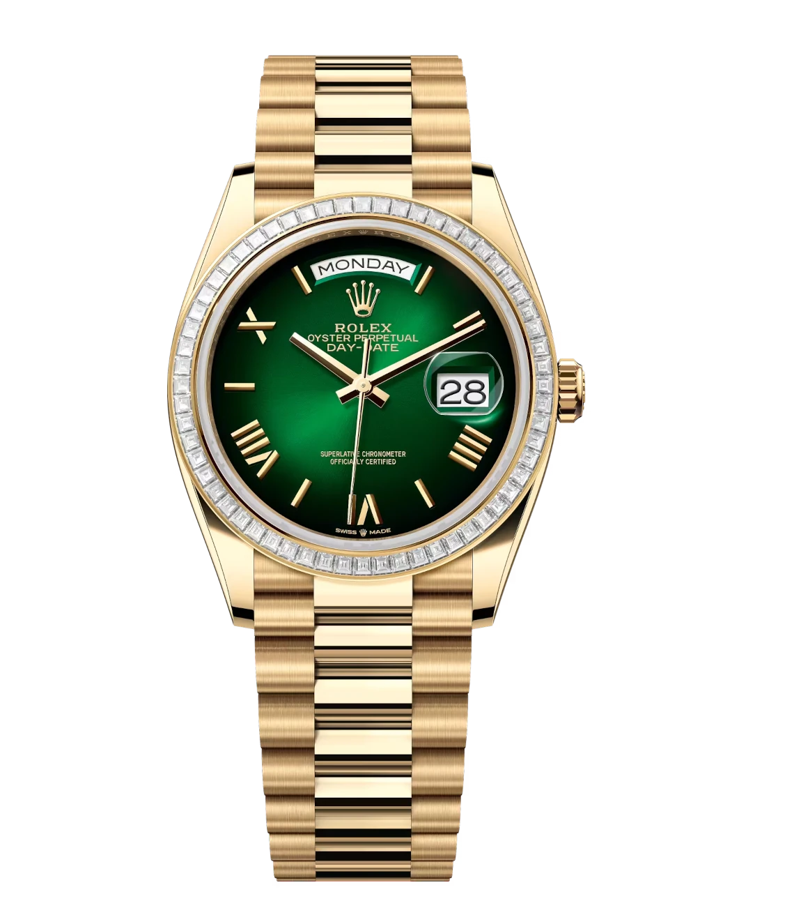 Rolex Day-Date 36 Oyster Perpetual 18 ct yellow gold green ombré dial diamond-set bezel President band Reference 128398TBR 1 Rolex Day-Date 36 Oyster Perpetual 18 ct yellow gold green ombré dial diamond-set bezel President band Reference 128398TBR