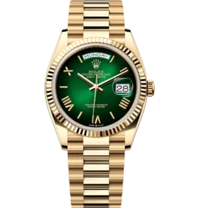 Rolex Day-Date 36 Oyster Perpetual 18 ct yellow gold green ombré dial fluted bezel President band Reference 128238