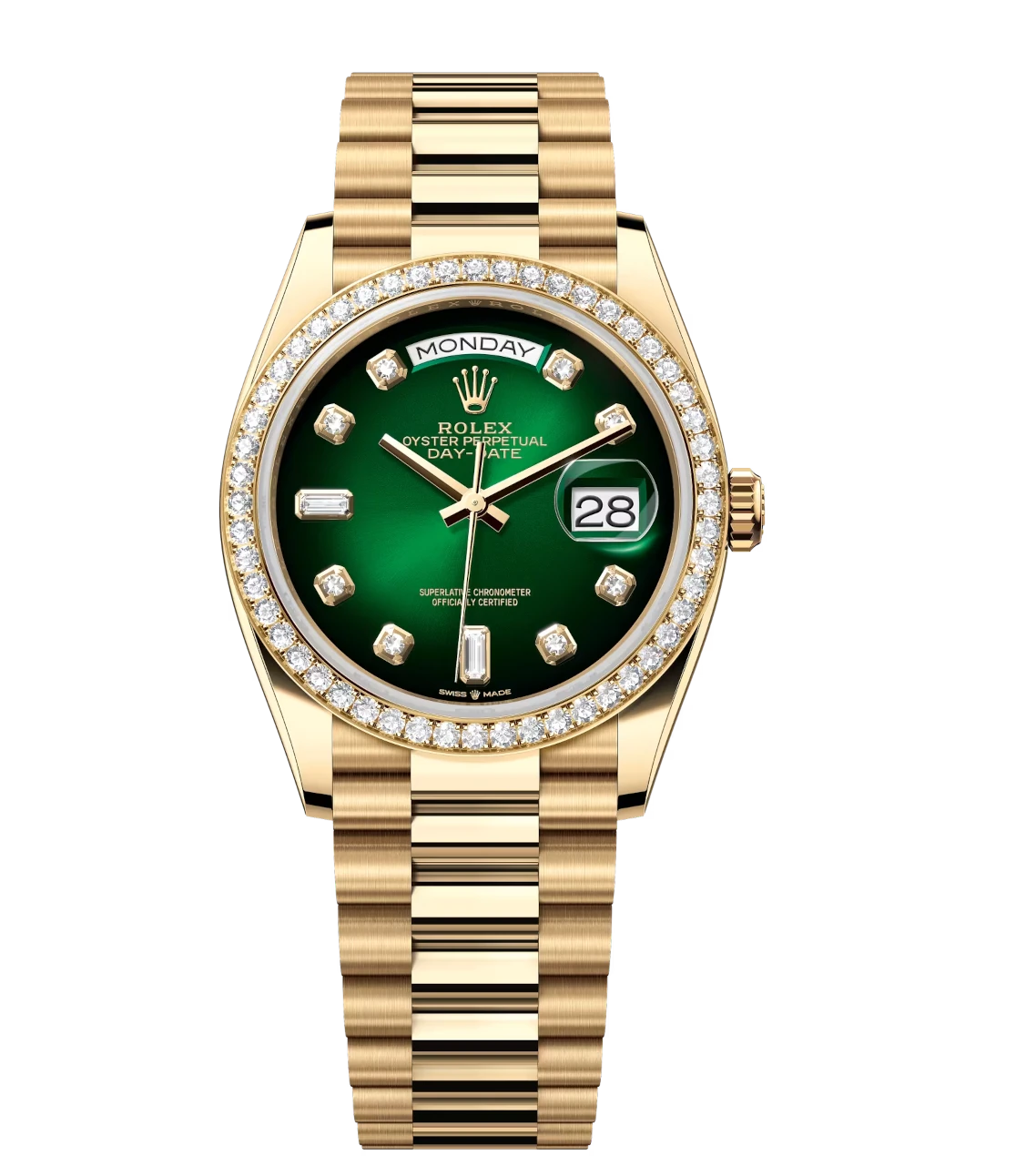 Rolex Day-Date 36 Oyster Perpetual 18 ct yellow gold green ombré, diamond-set dial diamond-set bezel President band Reference 128348RBR 1 Rolex Day-Date 36 Oyster Perpetual 18 ct yellow gold green ombré, diamond-set dial diamond-set bezel President band Reference 128348RBR