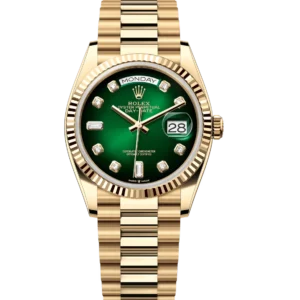 Rolex Day-Date 36 Oyster Perpetual 18 ct yellow gold green ombré, diamond-set dial fluted bezel President band Reference 128238