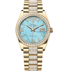 Rolex Day-Date 36 Oyster Perpetual 18 ct yellow gold turquoise, diamond-set dial diamond-set bezel diamond-set President band Reference 128348RBR