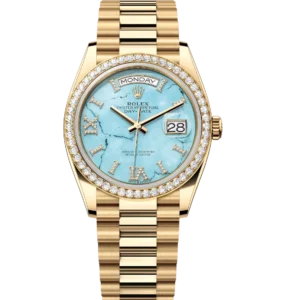 Rolex Day-Date 36 Oyster Perpetual 18 ct yellow gold turquoise, diamond-set dial diamond-set bezel President band Reference 128348RBR