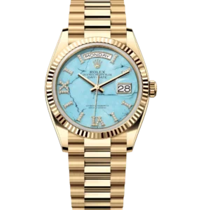 Rolex Day-Date 36 Oyster Perpetual 18 ct yellow gold turquoise, diamond-set dial fluted bezel President band Reference 128238