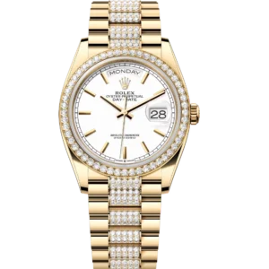 Rolex Day-Date 36 Oyster Perpetual 18 ct yellow gold white dial diamond-set bezel diamond-set President band Reference 128348RBR