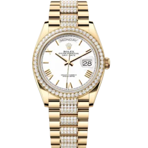 Rolex Day-Date 36 Oyster Perpetual 18 ct yellow gold white dial diamond-set bezel diamond-set President band Reference 128348RBR