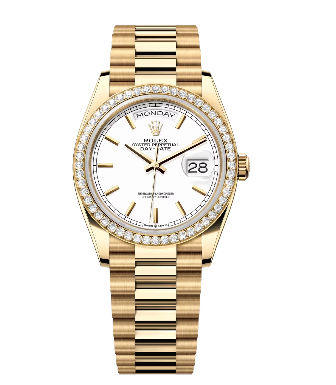 Rolex Day-Date 36 Oyster Perpetual 18 ct yellow gold white dial diamond-set bezel President band Reference 128348RBR 1 Rolex Day-Date 36 Oyster Perpetual 18 ct yellow gold white dial diamond-set bezel President band Reference 128348RBR