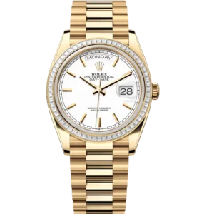 Rolex Day-Date 36 Oyster Perpetual 18 ct yellow gold white dial diamond-set bezel President band Reference 128398TBR