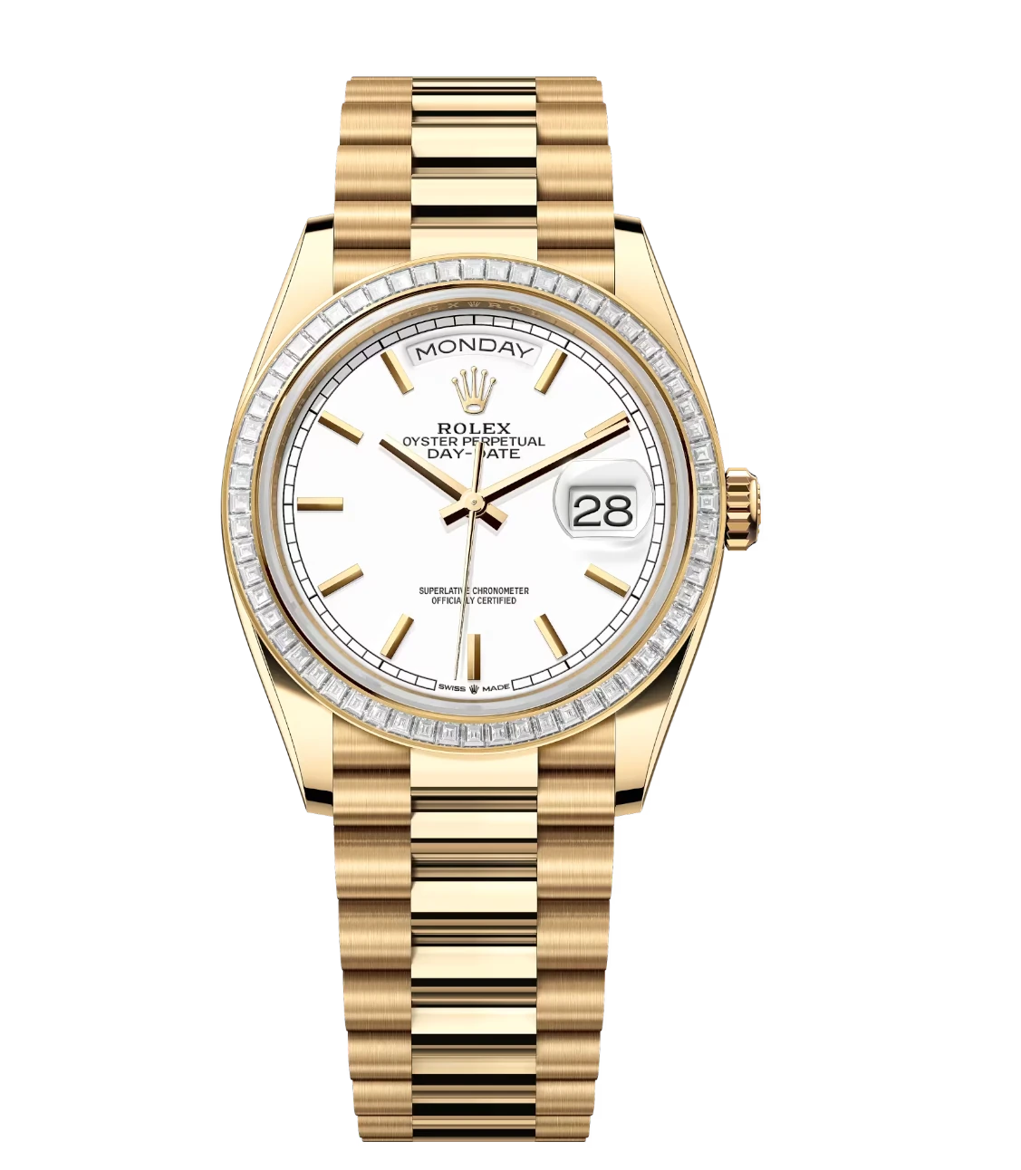 Rolex Day-Date 36 Oyster Perpetual 18 ct yellow gold white dial diamond-set bezel President band Reference 128398TBR 1 Rolex Day-Date 36 Oyster Perpetual 18 ct yellow gold white dial diamond-set bezel President band Reference 128398TBR