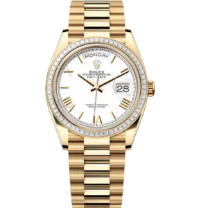 Rolex Day-Date 36 Oyster Perpetual 18 ct yellow gold white dial diamond-set bezel President band Reference 128398TBR