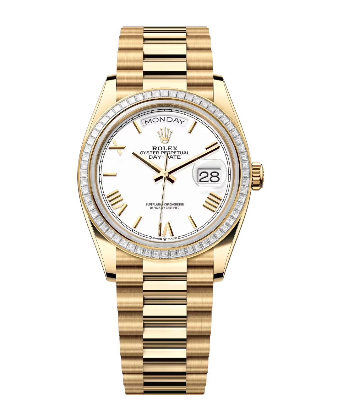 Rolex Day-Date 36 Oyster Perpetual 18 ct yellow gold white dial diamond-set bezel President band Reference 128398TBR 1 Rolex Day-Date 36 Oyster Perpetual 18 ct yellow gold white dial diamond-set bezel President band Reference 128398TBR