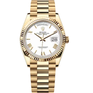 Rolex Day-Date 36 Oyster Perpetual 18 ct yellow gold white dial fluted bezel President band Reference 128238