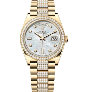 Rolex Day-Date 36 Oyster Perpetual 18 ct yellow gold white mother-of-pearl, diamond-set dial diamond-set bezel diamond-set President band Reference 128348RBR