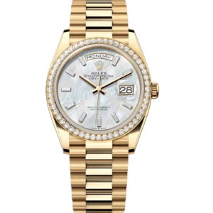 Rolex Day-Date 36 Oyster Perpetual 18 ct yellow gold white mother-of-pearl, diamond-set dial diamond-set bezel President band Reference 128348RBR