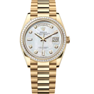 Rolex Day-Date 36 Oyster Perpetual 18 ct yellow gold white mother-of-pearl, diamond-set dial diamond-set bezel President band Reference 128398TBR