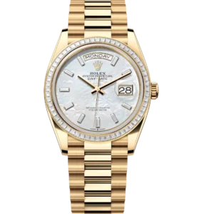 Rolex Day-Date 36 Oyster Perpetual 18 ct yellow gold white mother-of-pearl, diamond-set dial diamond-set bezel President band Reference 128398TBR
