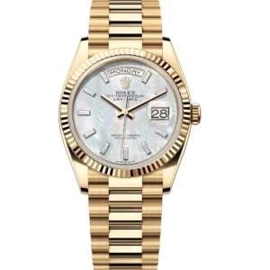 Rolex Day-Date 36 Oyster Perpetual 18 ct yellow gold white mother-of-pearl, diamond-set dial fluted bezel President band Reference 128238