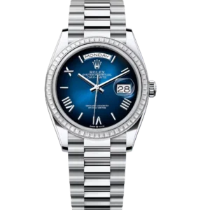 Rolex Day-Date 36 Oyster Perpetual platinum blue ombré dial diamond-set bezel President band Reference 128396TBR