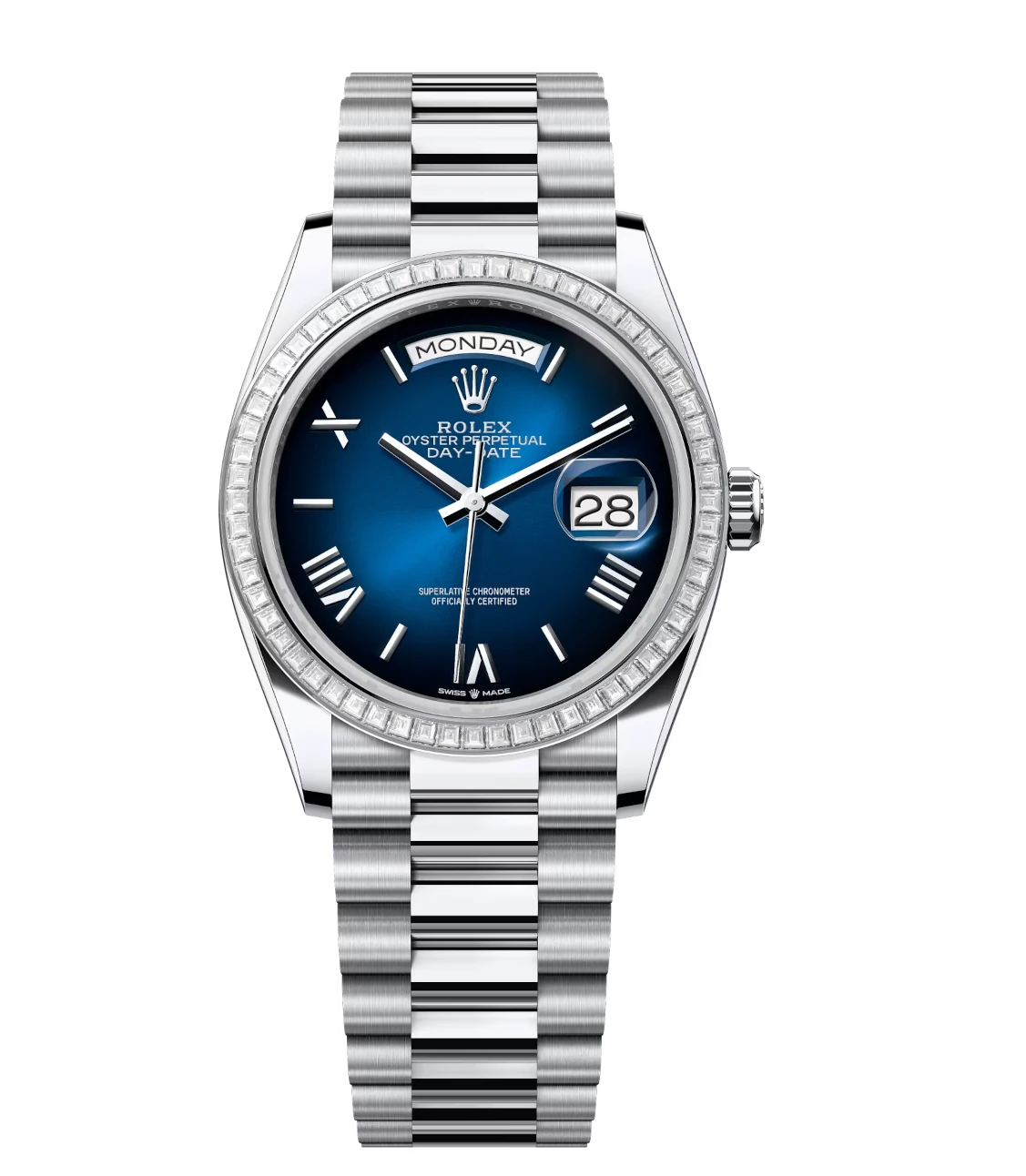 Rolex Day-Date 36 Oyster Perpetual platinum blue ombré dial diamond-set bezel President band Reference 128396TBR 1 Rolex Day-Date 36 Oyster Perpetual platinum blue ombré dial diamond-set bezel President band Reference 128396TBR