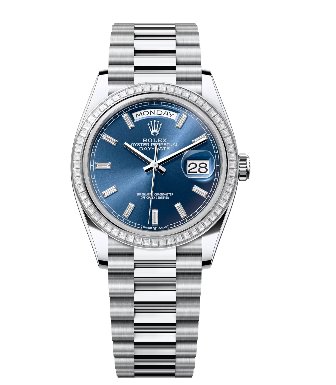 Rolex Day-Date 36 Oyster Perpetual platinum bright blue, diamond-set dial diamond-set bezel President band Reference 128396TBR 1 Rolex Day-Date 36 Oyster Perpetual platinum bright blue, diamond-set dial diamond-set bezel President band Reference 128396TBR