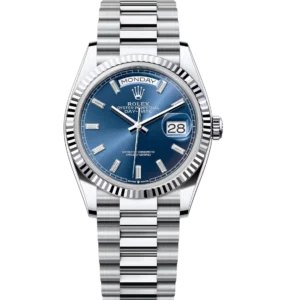 Rolex Day-Date 36 Oyster Perpetual platinum bright blue, diamond-set dial fluted bezel President band Reference 128236