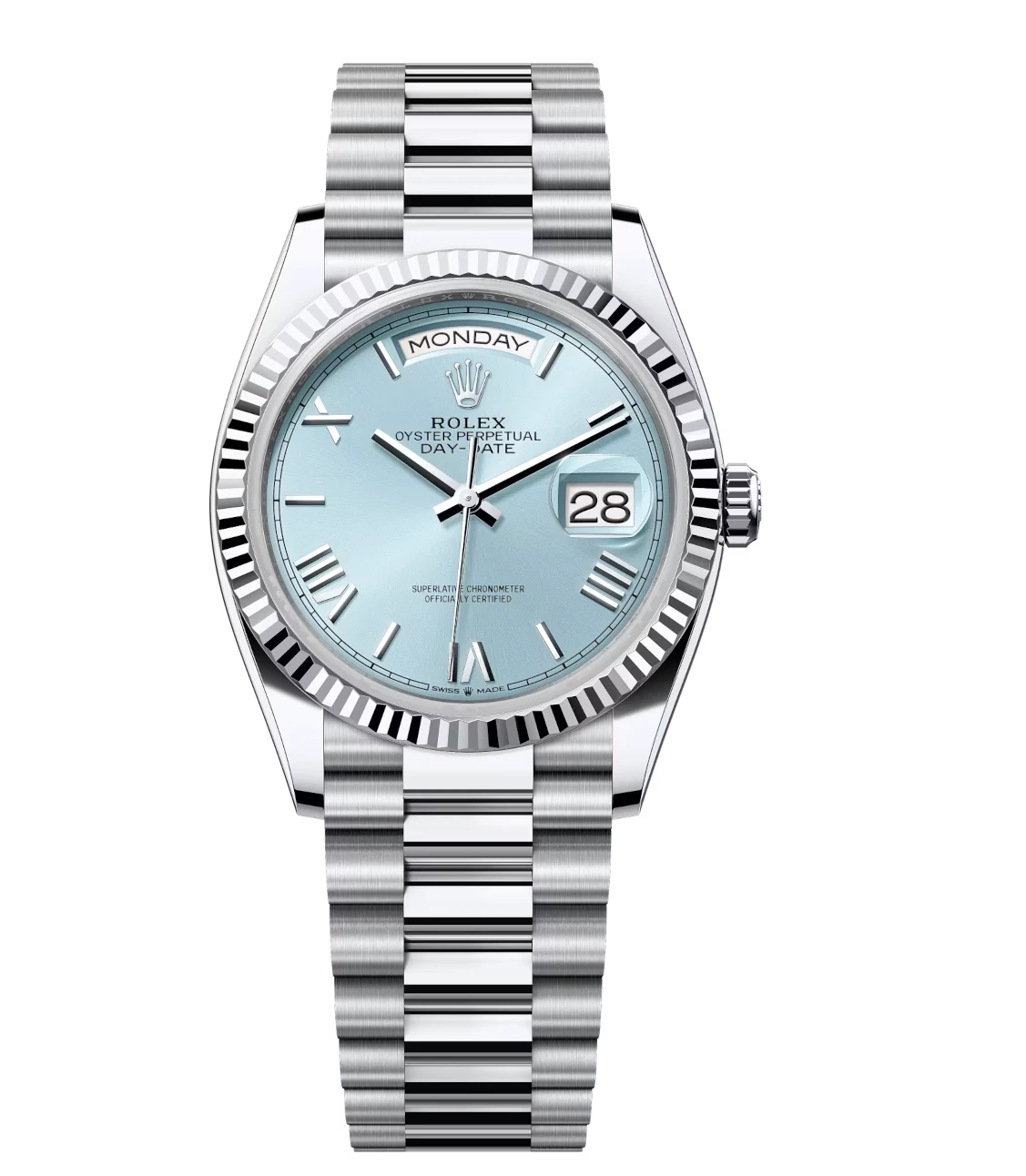 Rolex Day-Date 36 Oyster Perpetual platinum ice-blue dial fluted bezel President band Reference 128236 1 Rolex Day-Date 36 Oyster Perpetual platinum ice-blue dial fluted bezel President band Reference 128236