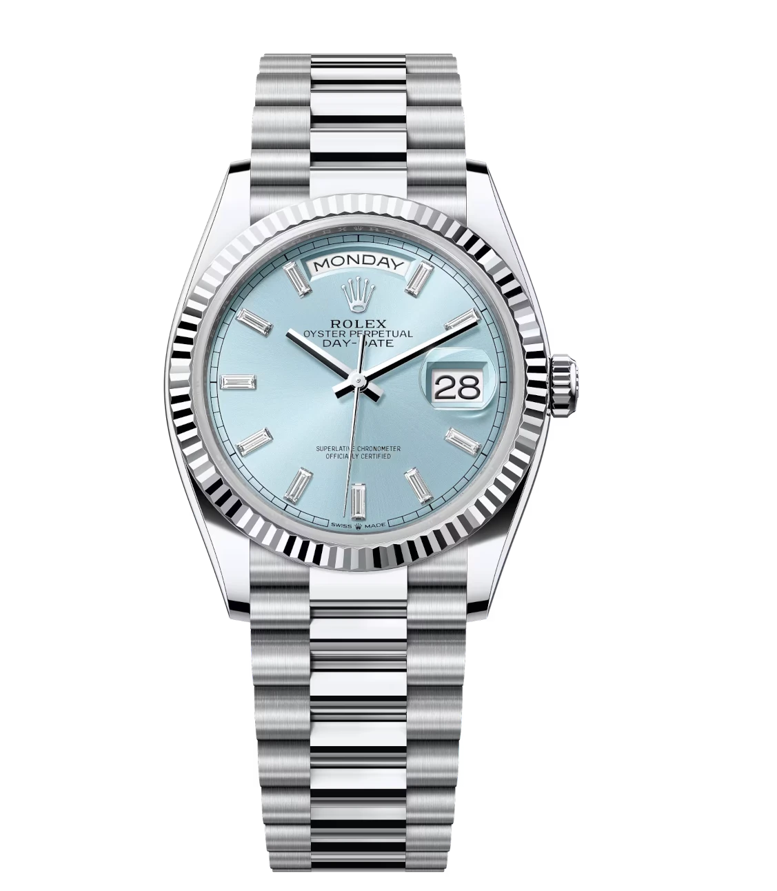 Rolex Day-Date 36 Oyster Perpetual platinum ice-blue, diamond-set dial fluted bezel President band Reference 128236 1 Rolex Day-Date 36 Oyster Perpetual platinum ice-blue, diamond-set dial fluted bezel President band Reference 128236