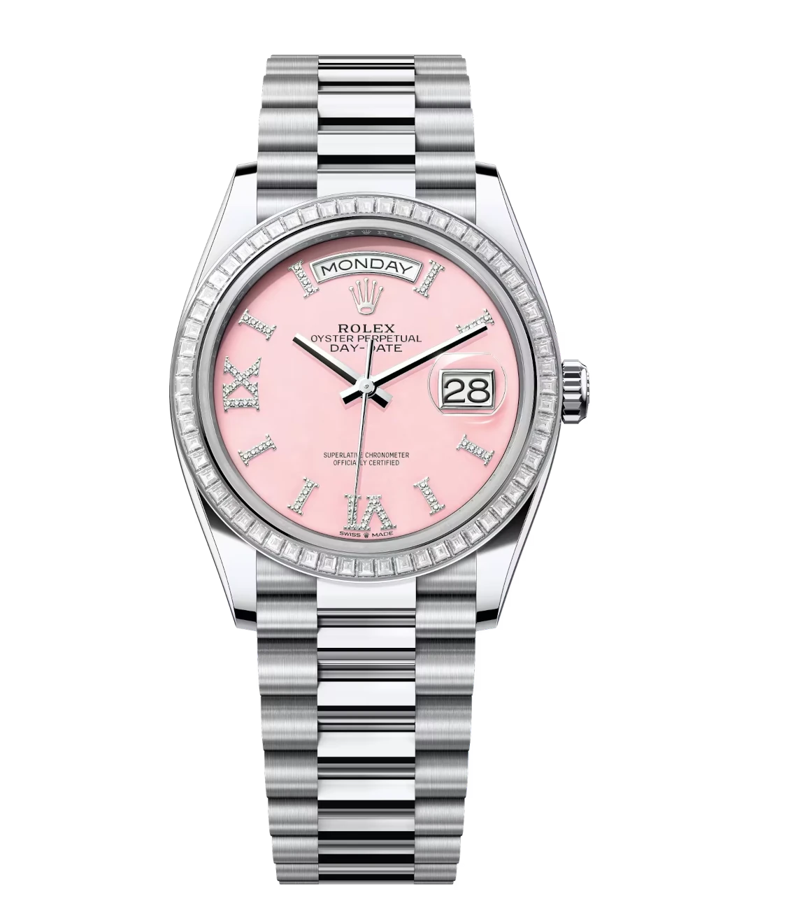 Rolex Day-Date 36 Oyster Perpetual platinum pink opal, diamond-set dial diamond-set bezel President band Reference 128396TBR 1 Rolex Day-Date 36 Oyster Perpetual platinum pink opal, diamond-set dial diamond-set bezel President band Reference 128396TBR