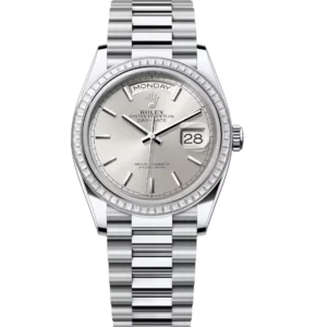 Rolex Day-Date 36 Oyster Perpetual platinum silver dial diamond-set bezel President band Reference 128396TBR