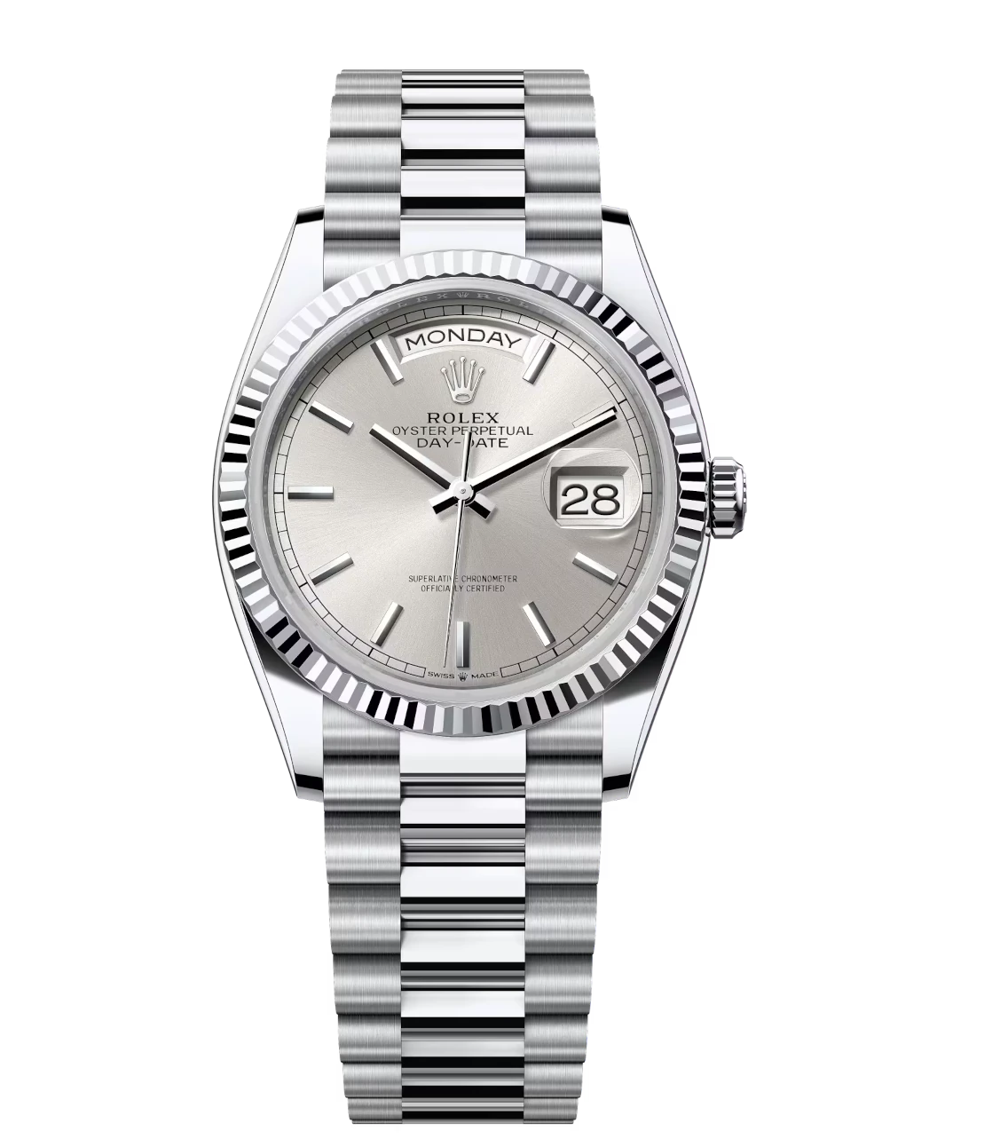 Rolex Day-Date 36 Oyster Perpetual platinum silver dial fluted bezel President band Reference 128236 1 Rolex Day-Date 36 Oyster Perpetual platinum silver dial fluted bezel President band Reference 128236