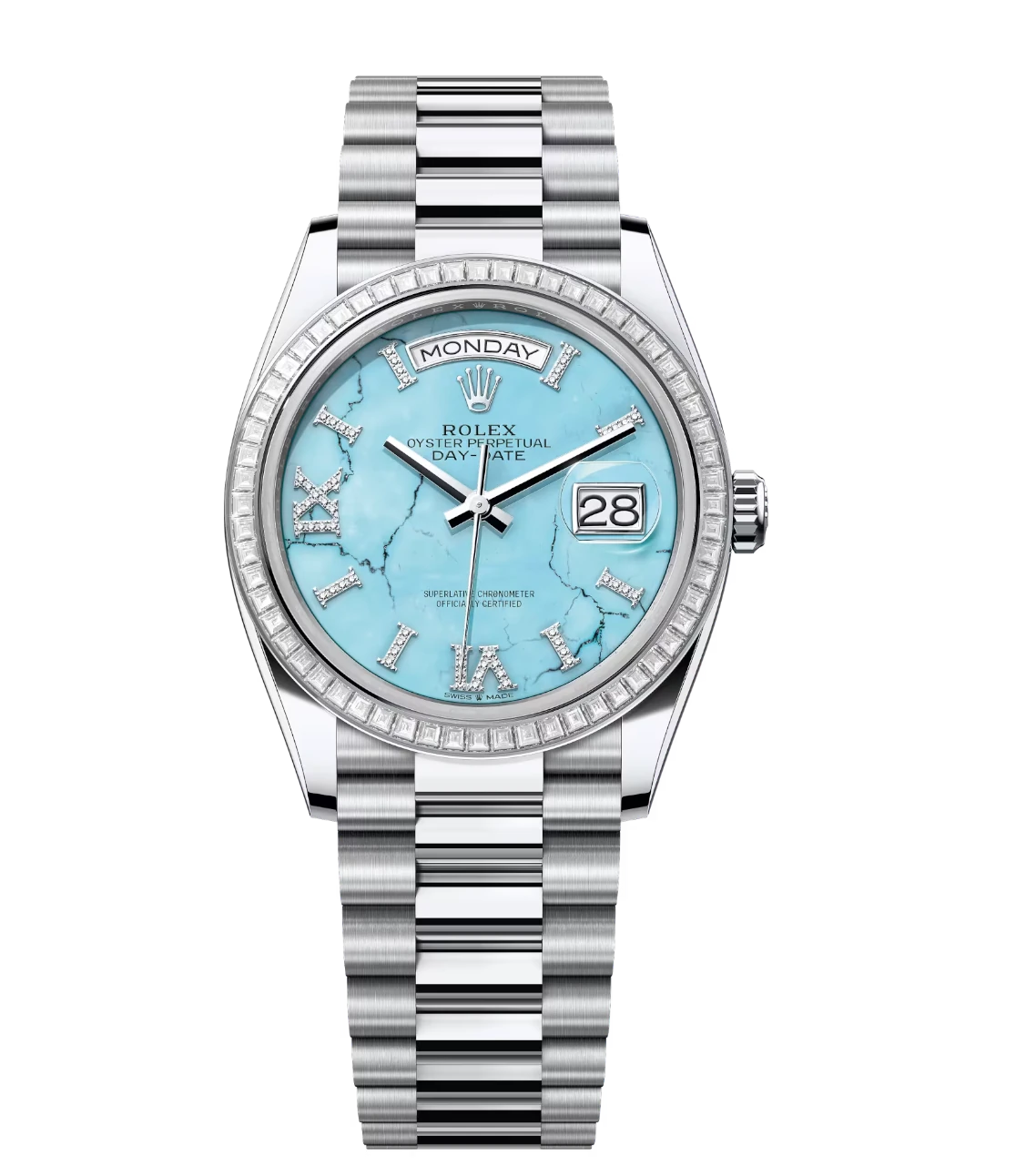 Rolex Day-Date 36 Oyster Perpetual platinum turquoise, diamond-set dial diamond-set bezel President band Reference 128396TBR 1 Rolex Day-Date 36 Oyster Perpetual platinum turquoise, diamond-set dial diamond-set bezel President band Reference 128396TBR