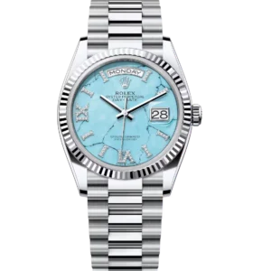 Rolex Day-Date 36 Oyster Perpetual platinum turquoise, diamond-set dial fluted bezel President band Reference 128236