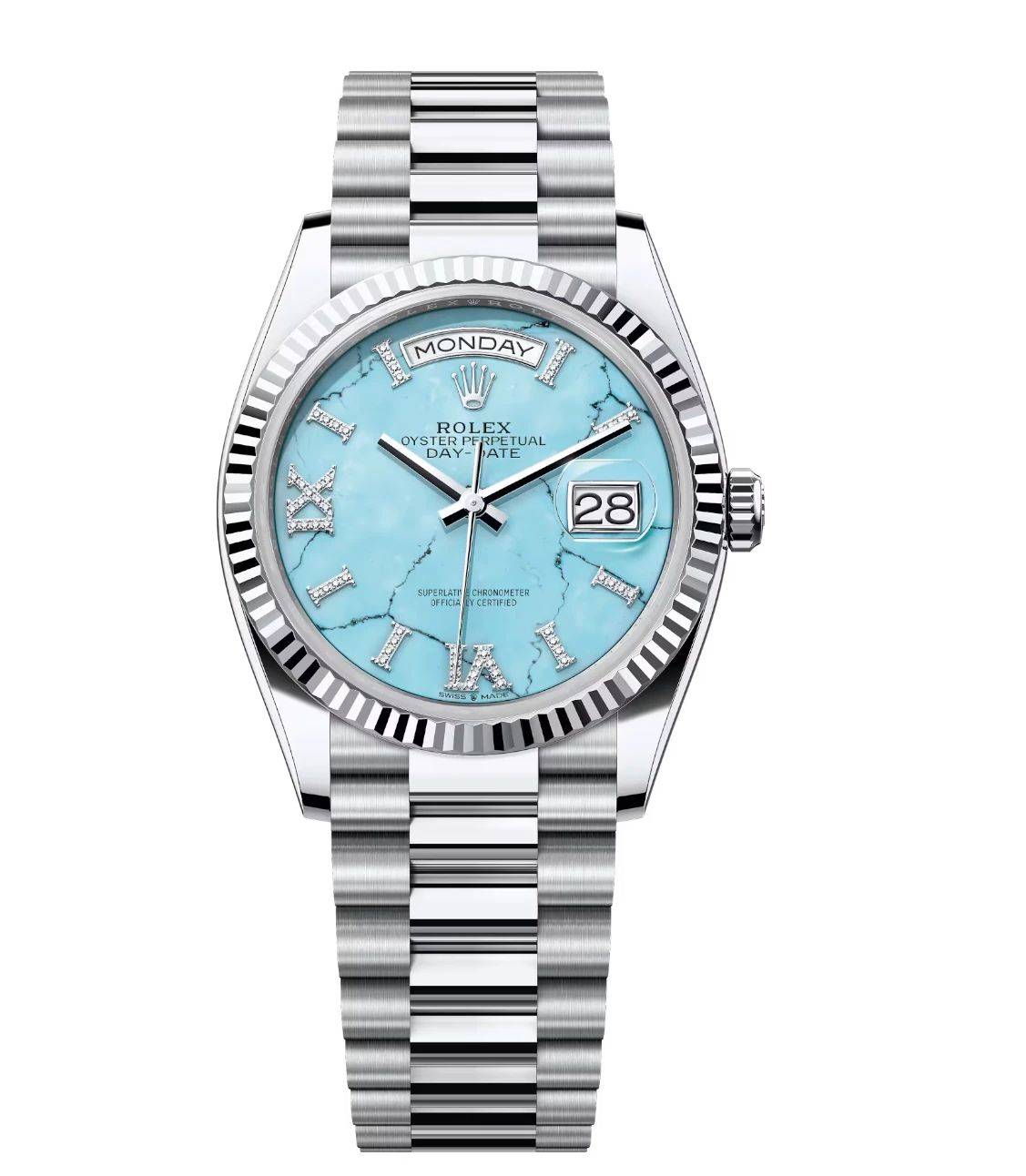 Rolex Day-Date 36 Oyster Perpetual platinum turquoise, diamond-set dial fluted bezel President band Reference 128236 1 Rolex Day-Date 36 Oyster Perpetual platinum turquoise, diamond-set dial fluted bezel President band Reference 128236