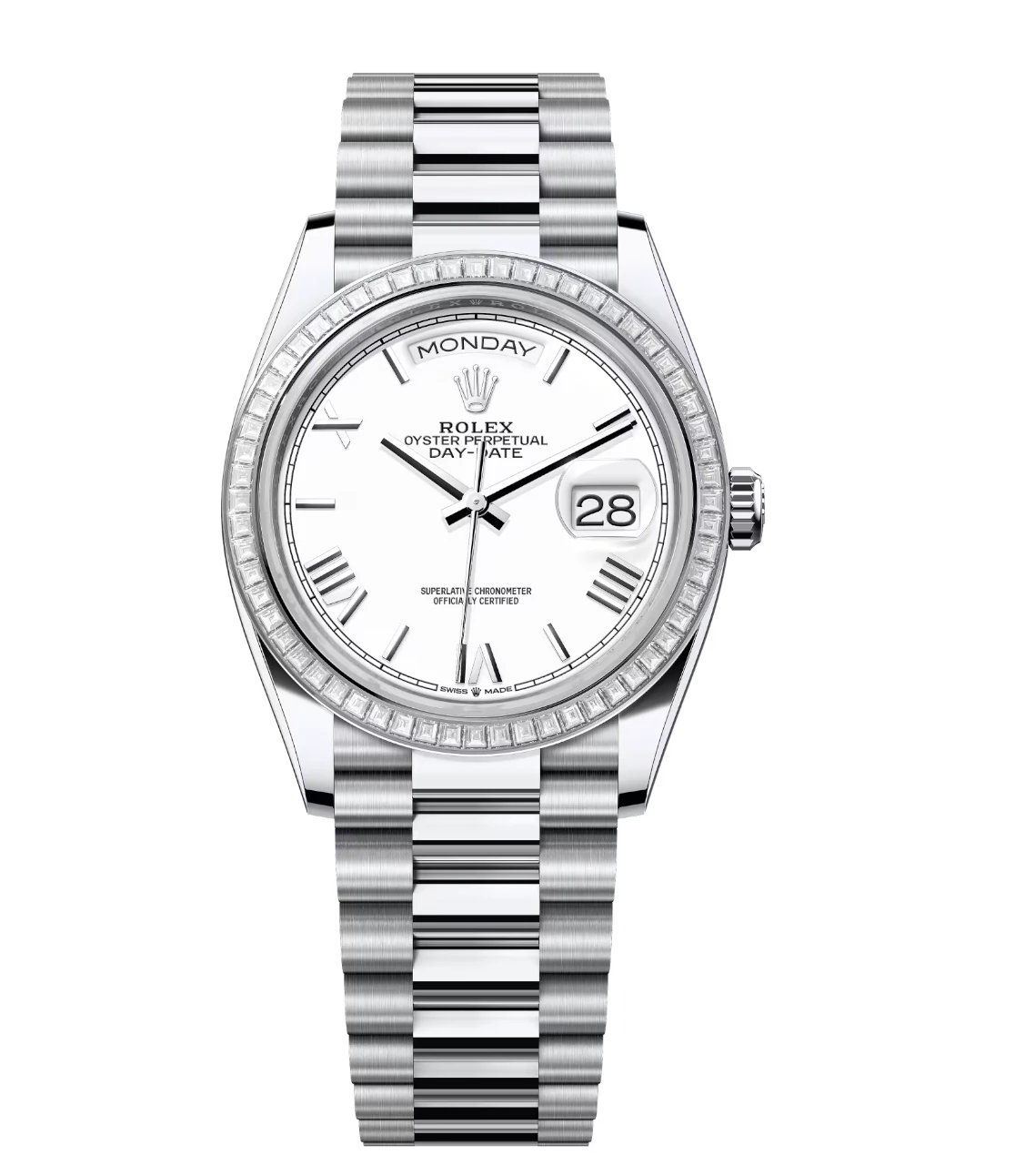 Rolex Day-Date 36 Oyster Perpetual platinum white dial diamond-set bezel President band Reference 128396TBR 1 Rolex Day-Date 36 Oyster Perpetual platinum white dial diamond-set bezel President band Reference 128396TBR