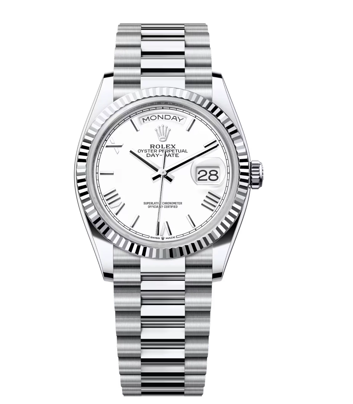Rolex Day-Date 36 Oyster Perpetual platinum white dial fluted bezel President band Reference 128236 1 Rolex Day-Date 36 Oyster Perpetual platinum white dial fluted bezel President band Reference 128236