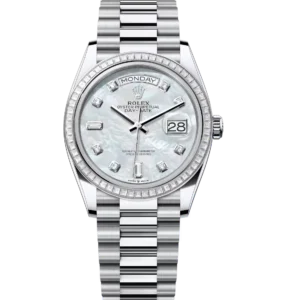 Rolex Day-Date 36 Oyster Perpetual platinum white mother-of-pearl, diamond-set dial diamond-set bezel President band Reference 128396TBR