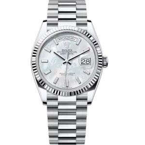 Rolex Day-Date 36 Oyster Perpetual platinum white mother-of-pearl, diamond-set dial fluted bezel President band Reference 128236