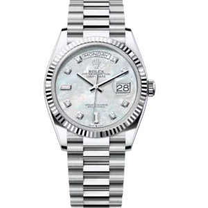 Rolex Day-Date 36 Oyster Perpetual platinum white mother-of-pearl, diamond-set dial fluted bezel President band Reference 128236