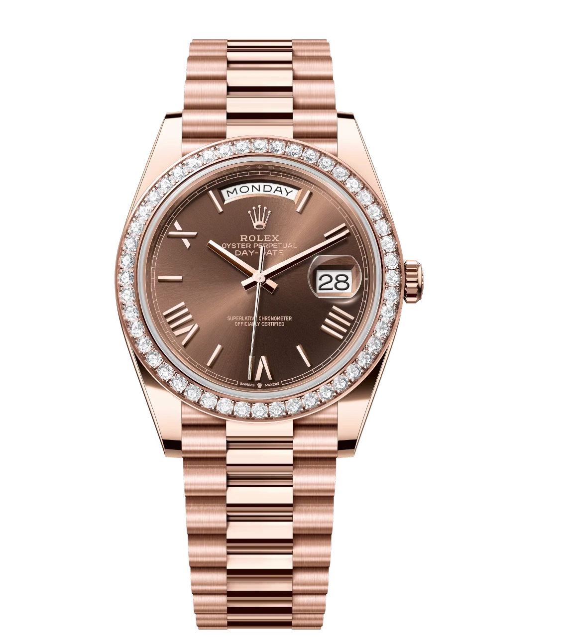 Rolex Day-Date 40 Oyster Perpetual 18 ct Everose gold chocolate dial diamond-set bezel President band Reference 228345RBR 1 Rolex Day-Date 40 Oyster Perpetual 18 ct Everose gold chocolate dial diamond-set bezel President band Reference 228345RBR