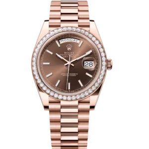 Rolex Day-Date 40 Oyster Perpetual 18 ct Everose gold chocolate dial diamond-set bezel President band Reference 228345RBR
