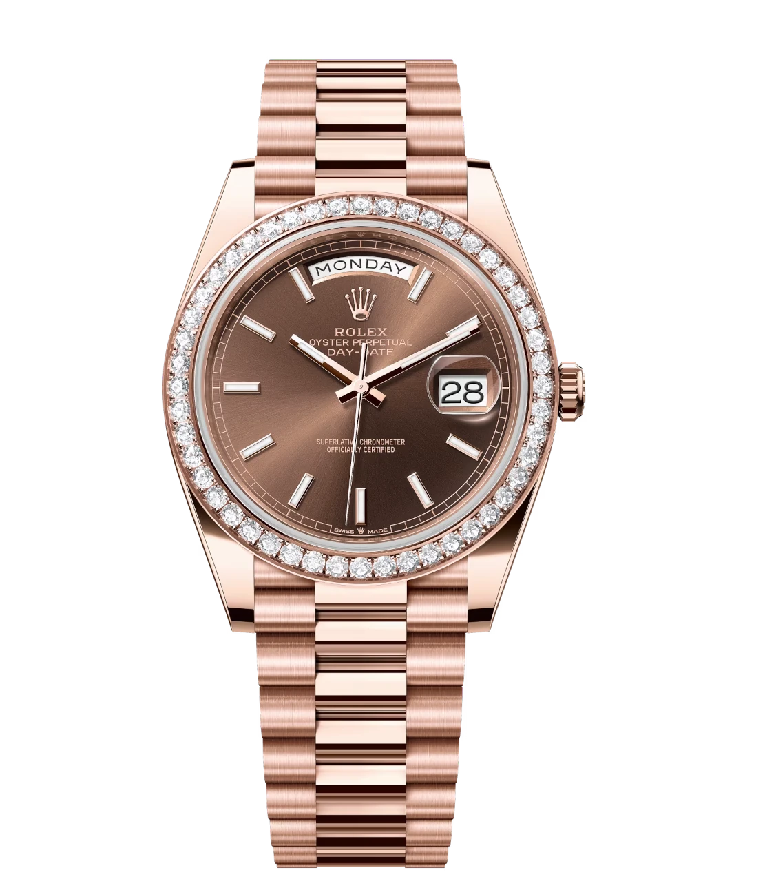 Rolex Day-Date 40 Oyster Perpetual 18 ct Everose gold chocolate dial diamond-set bezel President band Reference 228345RBR 1 Rolex Day-Date 40 Oyster Perpetual 18 ct Everose gold chocolate dial diamond-set bezel President band Reference 228345RBR