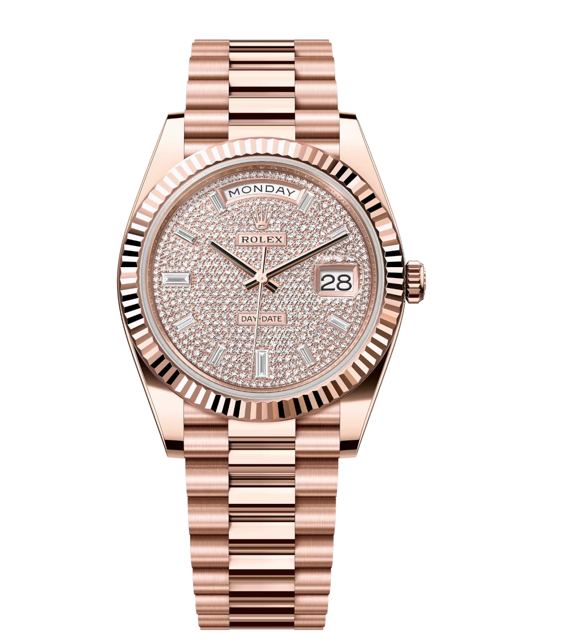 Rolex Day-Date 40 Oyster Perpetual 18 ct Everose gold diamond-paved dial fluted bezel President band Reference 228235 1 Rolex Day-Date 40 Oyster Perpetual 18 ct Everose gold diamond-paved dial fluted bezel President band Reference 228235