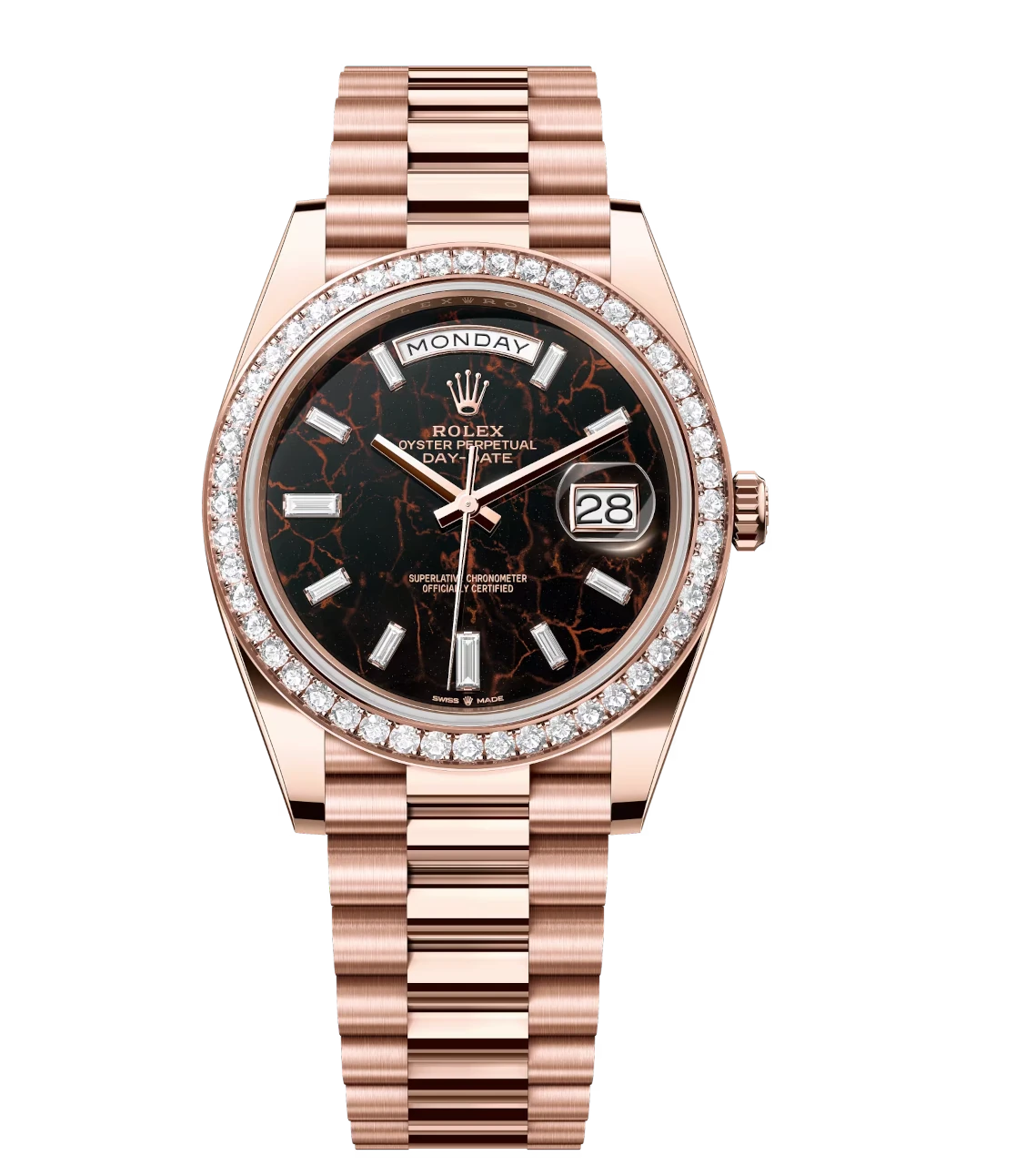 Rolex Day-Date 40 Oyster Perpetual 18 ct Everose gold eisenkiesel, diamond-set dial diamond-set bezel President band Reference 228345RBR 1 Rolex Day-Date 40 Oyster Perpetual 18 ct Everose gold eisenkiesel, diamond-set dial diamond-set bezel President band Reference 228345RBR