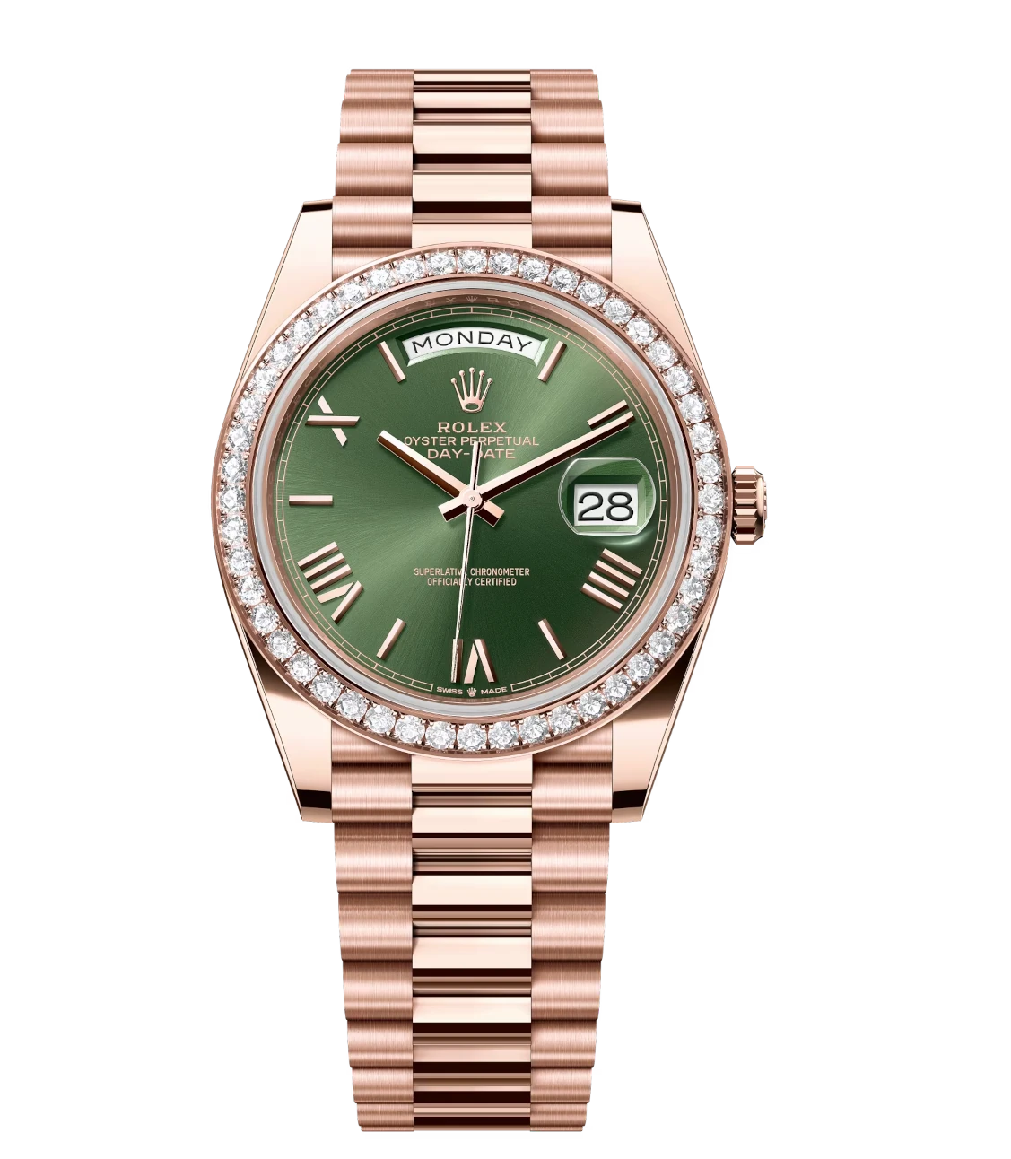 Rolex Day-Date 40 Oyster Perpetual 18 ct Everose gold olive-green dial diamond-set bezel President band Reference 228345RBR 1 Rolex Day-Date 40 Oyster Perpetual 18 ct Everose gold olive-green dial diamond-set bezel President band Reference 228345RBR