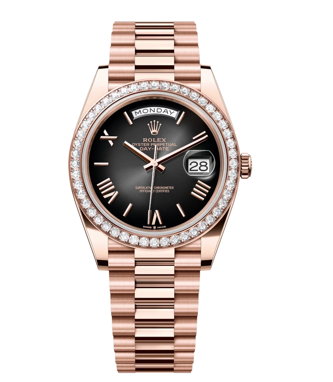 Rolex Day-Date 40 Oyster Perpetual 18 ct Everose gold slate ombré dial diamond-set bezel President band Reference 228345RBR 1 Rolex Day-Date 40 Oyster Perpetual 18 ct Everose gold slate ombré dial diamond-set bezel President band Reference 228345RBR